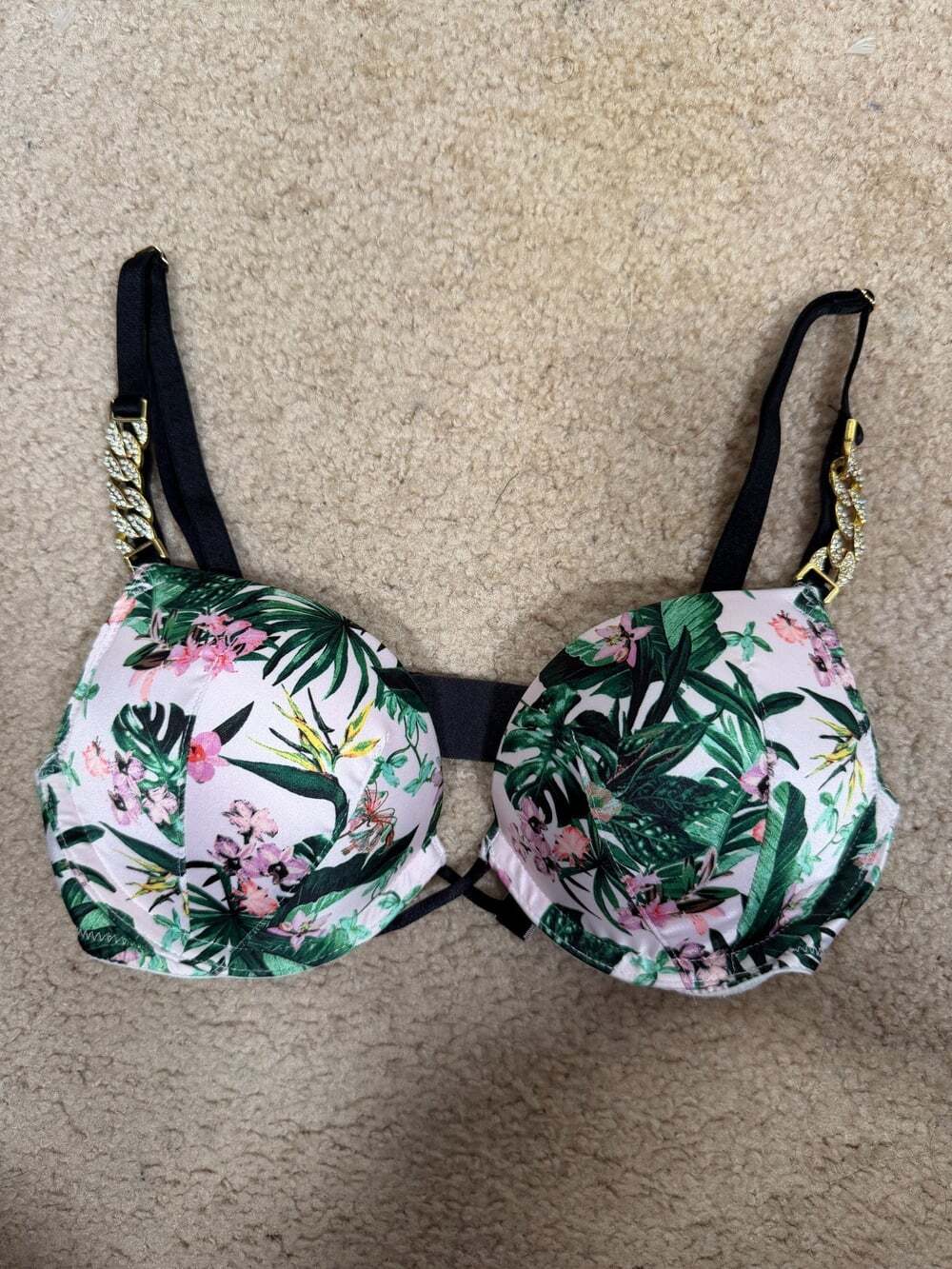 Victoria's Secret Bombshell Push Up Bra Size 32A Tropical Floral Rhinestone Y2K